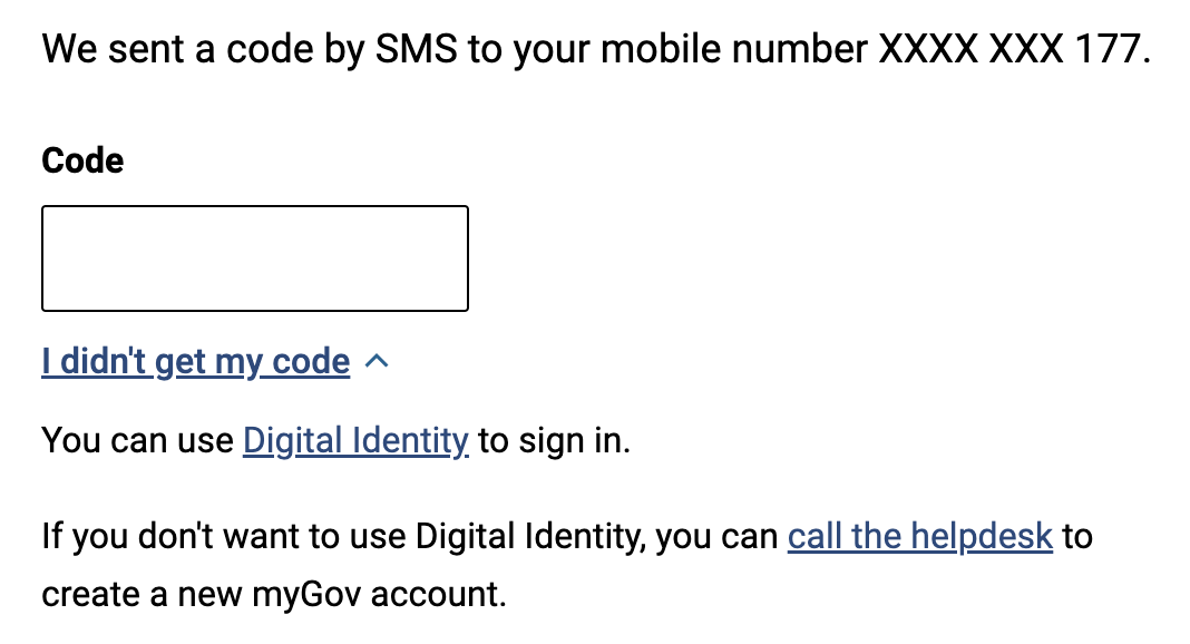 myGov SMS screen